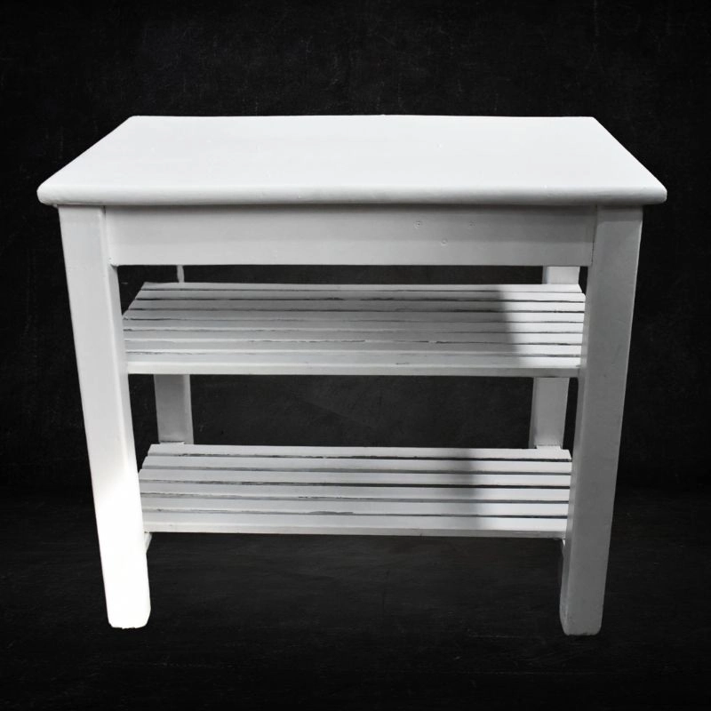 white wooden table with 2 shelves